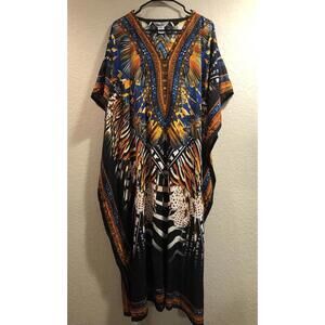 Winlar Kaftan Roper Romp Cover Up Long O/S Black White Blue Animal Safari